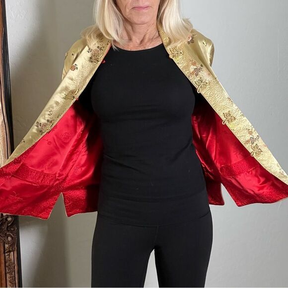 Silk Jacket Quilted Red Gold Boxy Split Hem 3/4 Sleeve Reversible Floral M - Picture 3 of 14